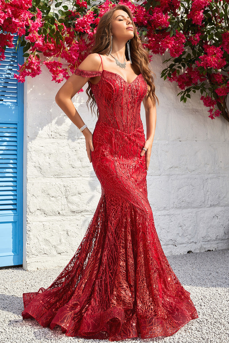 Load image into Gallery viewer, Cold Shoulder Mermaid Sequins Burgundy Long Prom Dress