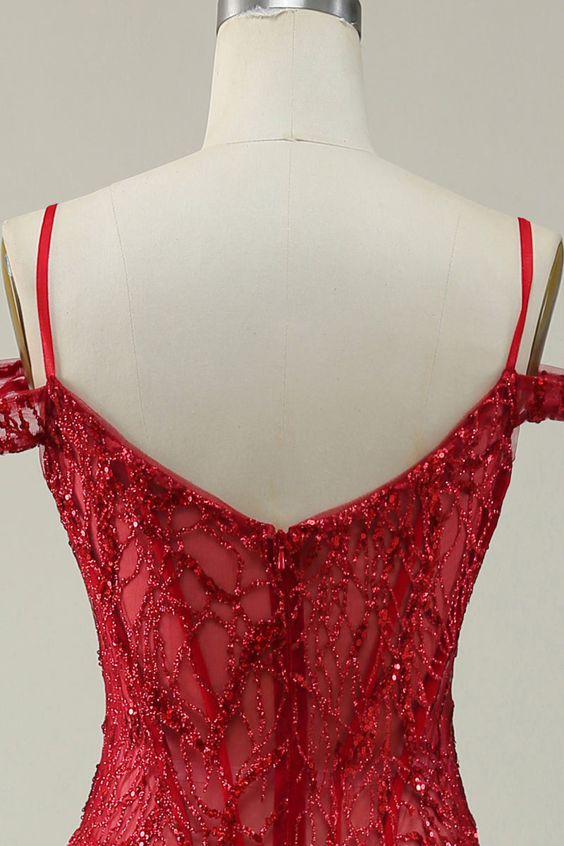 Load image into Gallery viewer, Mermaid Cold Shoulder Sequins Burgundy Long Prom Dress