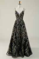 Load image into Gallery viewer, Sparkly Spaghetti Straps Black Golden Ball Gown Dress with Bronzing