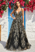 Load image into Gallery viewer, Spaghetti Straps Sparkly Black Golden Ball Gown Dress with Bronzing