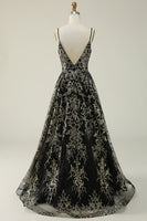 Load image into Gallery viewer, Sparkly Spaghetti Straps Black Golden Ball Gown Dress with Bronzing