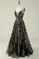 Load image into Gallery viewer, Sparkly Spaghetti Straps Black Golden Ball Gown Dress with Bronzing