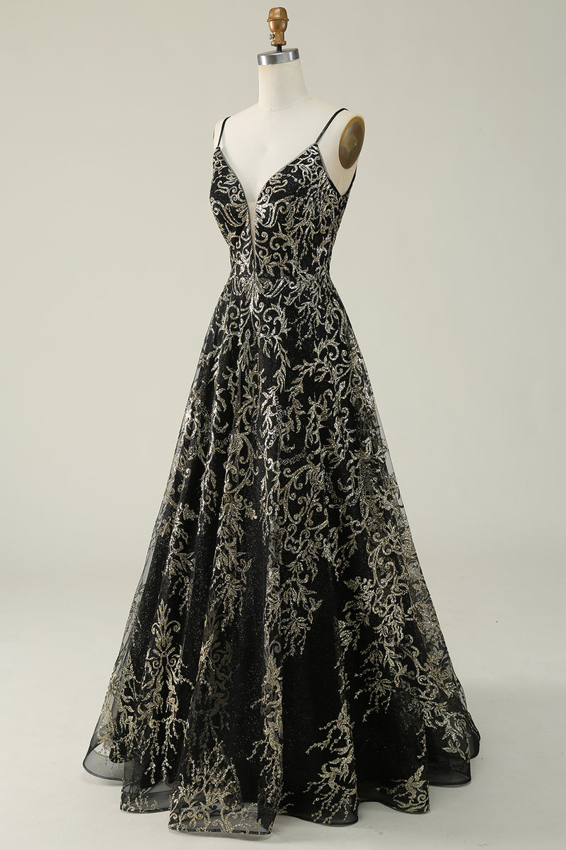 Load image into Gallery viewer, Sparkly Spaghetti Straps Black Golden Ball Gown Dress with Bronzing