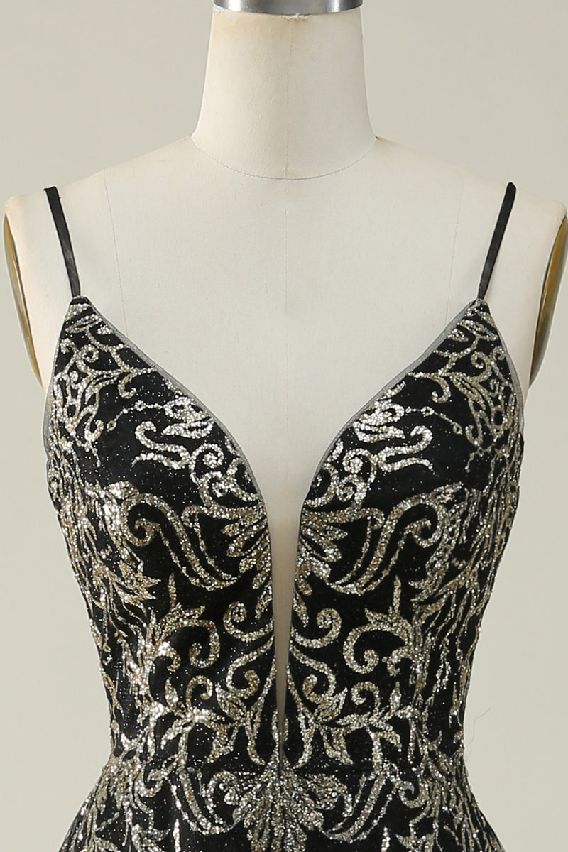 Load image into Gallery viewer, Sparkly Spaghetti Straps Black Golden Ball Gown Dress with Bronzing