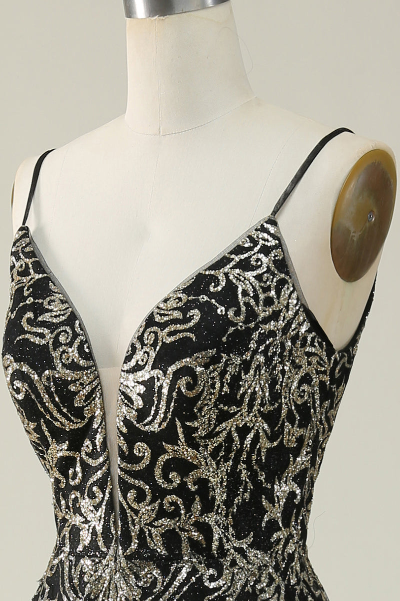 Load image into Gallery viewer, Sparkly Spaghetti Straps Black Golden Ball Gown Dress with Bronzing