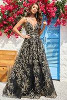 Load image into Gallery viewer, Spaghetti Straps Sparkly Black Golden Ball Gown Dress with Bronzing