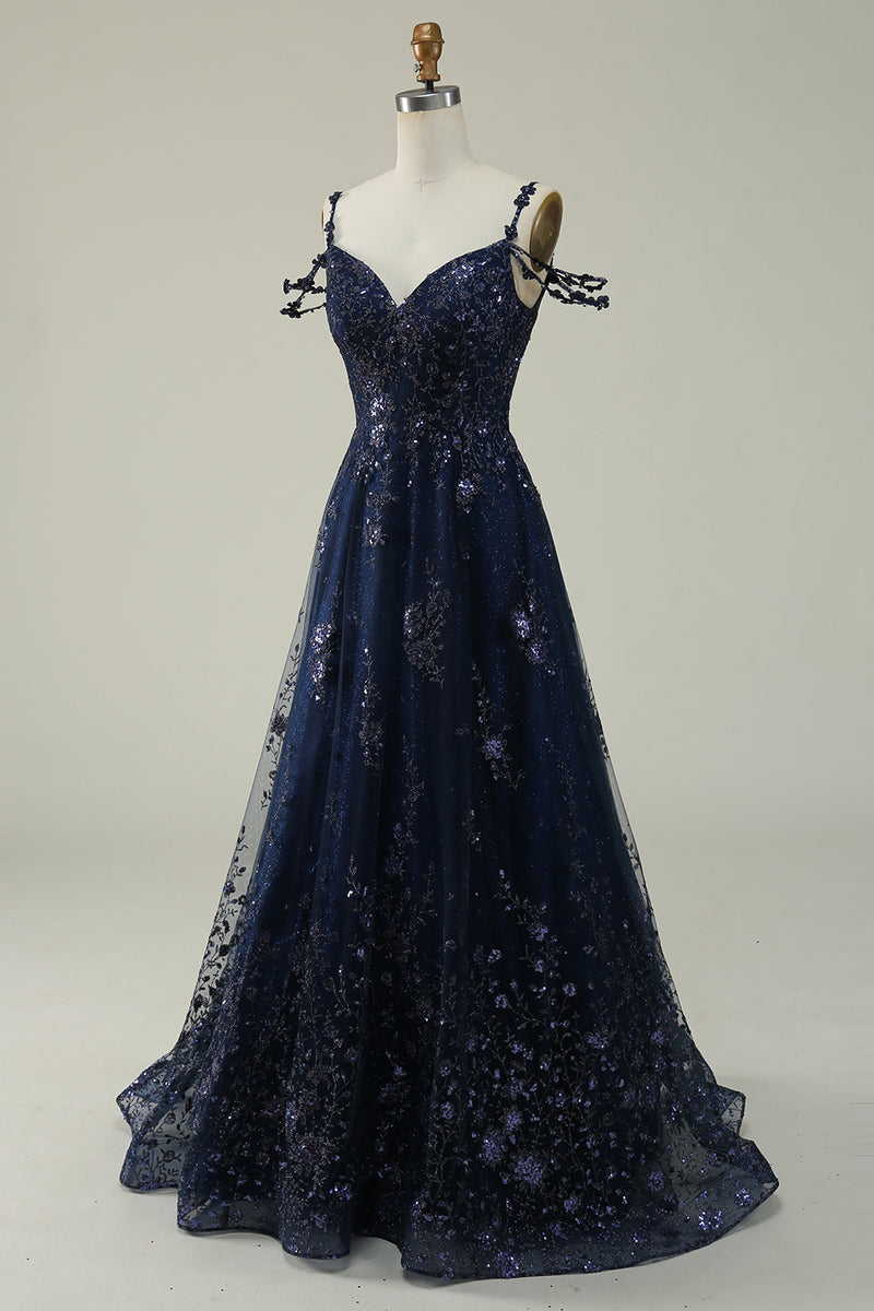 Load image into Gallery viewer, Sparkly Spaghetti Straps Sequins Navy Ball Gown Dress