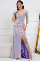 Load image into Gallery viewer, Mermaid Off The Shoulder Sparkly Purple Long Prom Dress with Slit