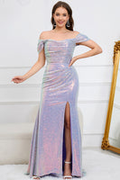 Load image into Gallery viewer, Mermaid Off The Shoulder Sparkly Purple Long Prom Dress with Slit