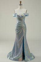 Load image into Gallery viewer, Off The Shoulder Mermaid Sparkly Blue Sequins Long Prom Dress with Slit