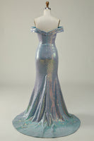 Load image into Gallery viewer, Off The Shoulder Mermaid Sparkly Blue Sequins Long Prom Dress with Slit