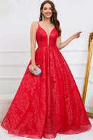 Load image into Gallery viewer, Deep V-Neck Backless Red Ball Gown Dress
