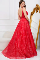 Load image into Gallery viewer, Deep V-Neck Backless Red Ball Gown Dress