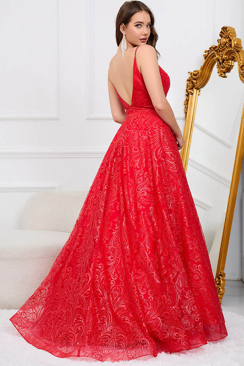 Load image into Gallery viewer, Deep V-Neck Backless Red Ball Gown Dress