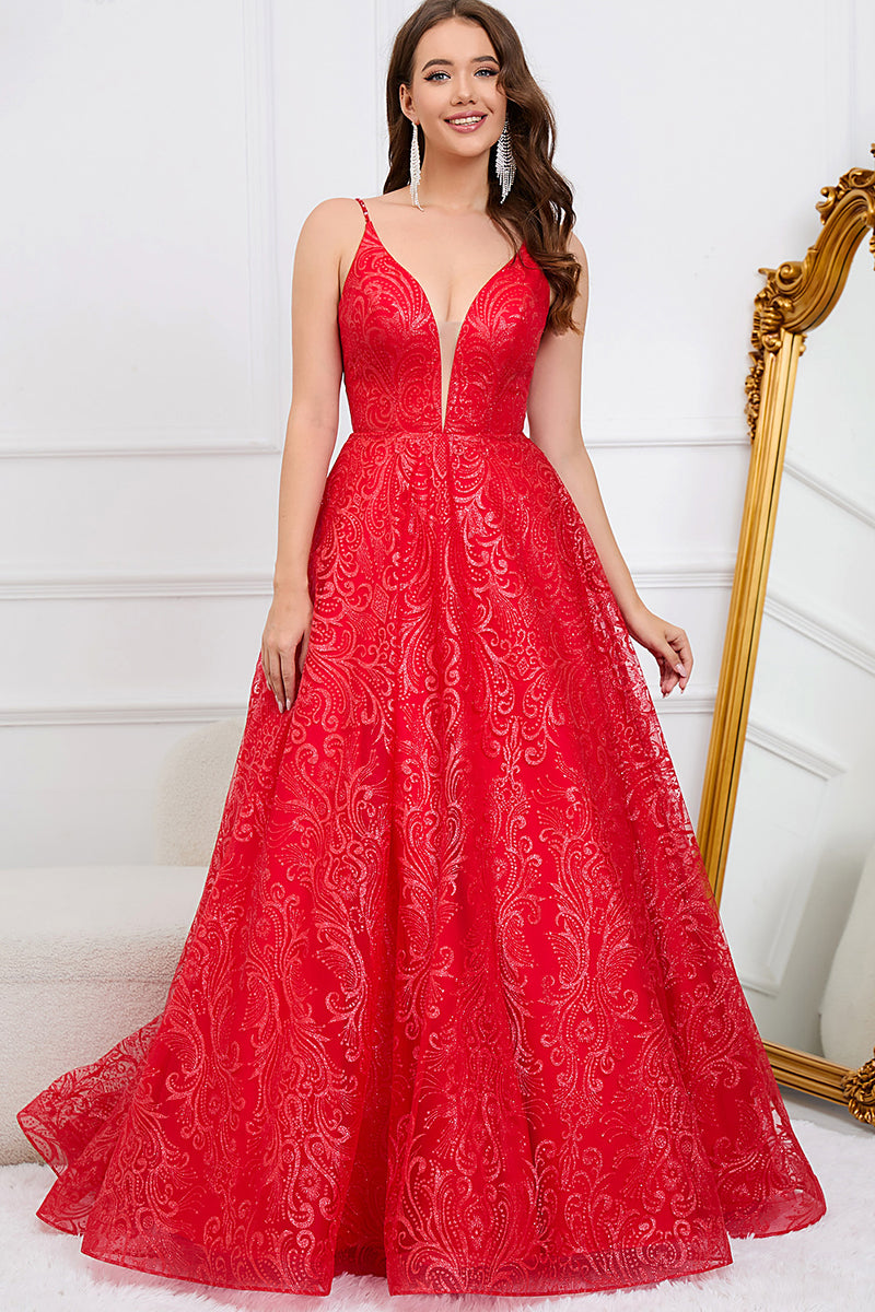 Load image into Gallery viewer, Deep V-Neck Backless Red Ball Gown Dress