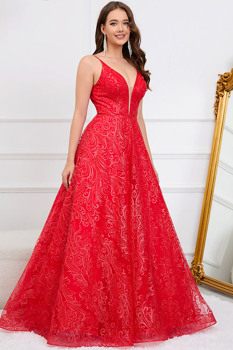Load image into Gallery viewer, Deep V-Neck Backless Red Ball Gown Dress