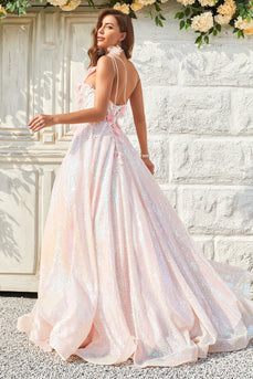One Shoulder Sparkly Blush Ball Gown Dress with Appliques