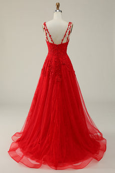 Tulle Spaghetti Straps Red Ball Gown Dress with Appliques
