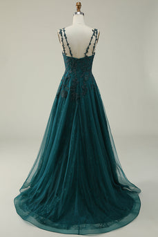 Tulle Spaghetti Straps Dark Green Ball Gown Dress with Appliques