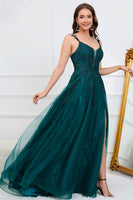 Load image into Gallery viewer, A-Line Spaghetti Straps Dark Green Ball Gown Dress with Appliques