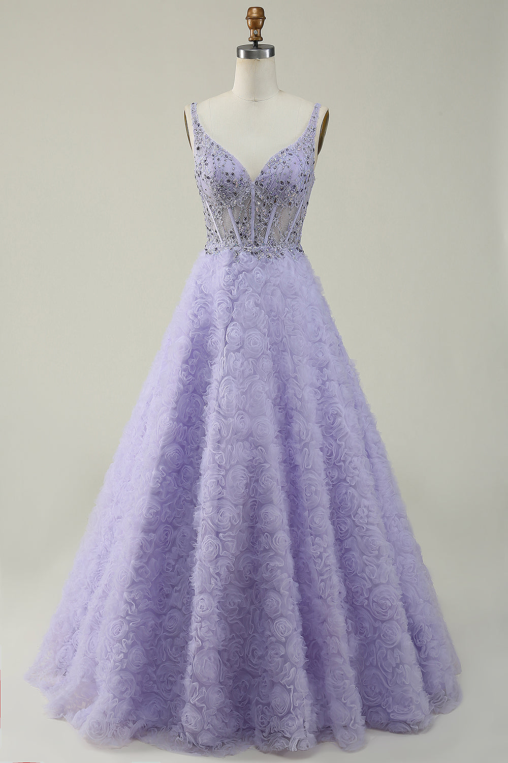 V-Neck Purple Ball Gown Dress with Beading