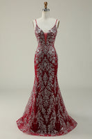 Load image into Gallery viewer, Sparkly Spaghetti Straps Mermaid Burgundy Long Prom Dress with Bronzing