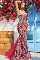 Load image into Gallery viewer, Sparkly Spaghetti Straps Mermaid Burgundy Long Prom Dress with Bronzing