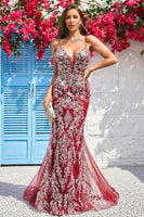 Load image into Gallery viewer, Sparkly Spaghetti Straps Mermaid Burgundy Long Prom Dress with Bronzing
