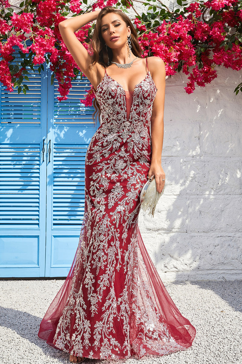 Load image into Gallery viewer, Sparkly Spaghetti Straps Mermaid Burgundy Long Prom Dress with Bronzing