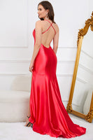 Load image into Gallery viewer, Mermaid Backless Red Long Prom Dress with Slit