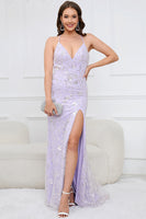 Load image into Gallery viewer, V-Neck Sparkly Mermaid Sequins Purple Long Prom Dress with Slit