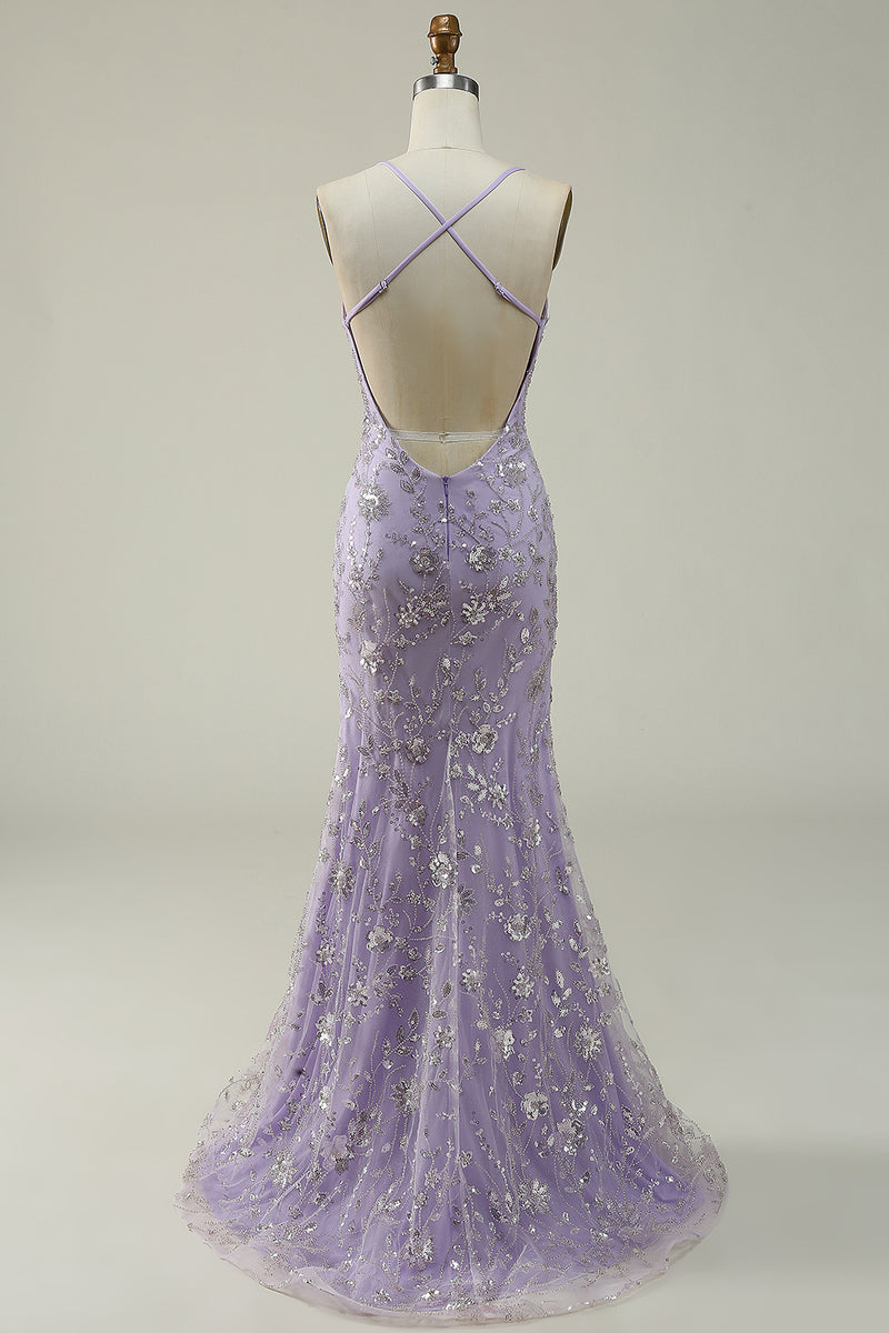 Load image into Gallery viewer, Sparkly Mermaid V-Neck Sequins Purple Long Prom Dress with Slit