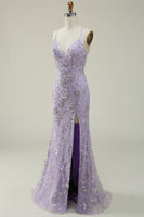 Load image into Gallery viewer, Sparkly Mermaid V-Neck Sequins Purple Long Prom Dress with Slit