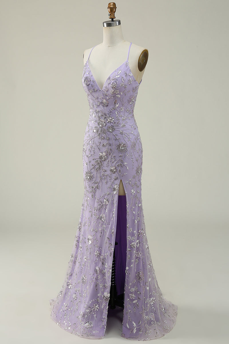 Load image into Gallery viewer, Sparkly Mermaid V-Neck Sequins Purple Long Prom Dress with Slit