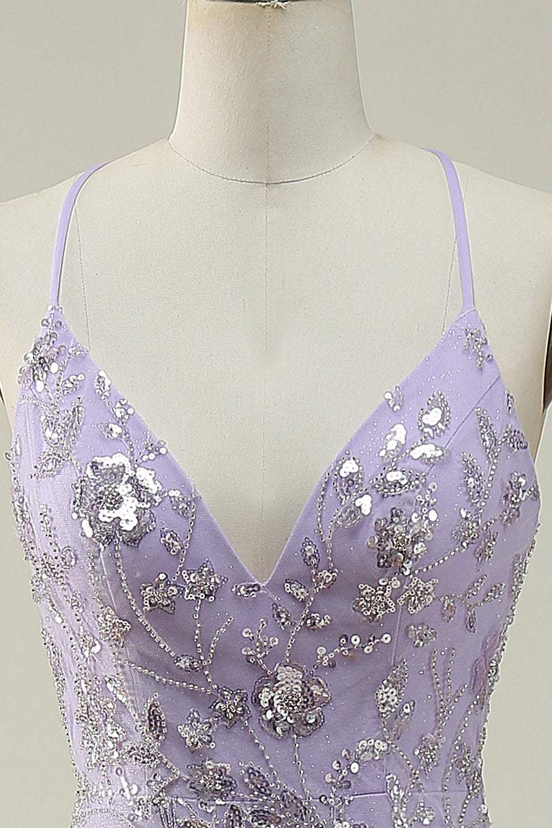 Load image into Gallery viewer, Sparkly Mermaid V-Neck Sequins Purple Long Prom Dress with Slit