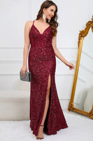 Load image into Gallery viewer, Sparkly Mermaid Sequins Burgundy Long Prom Dress with Slit