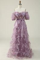 Load image into Gallery viewer, Off The Shoulder Tulle Printed Purple Ball Gown Dress