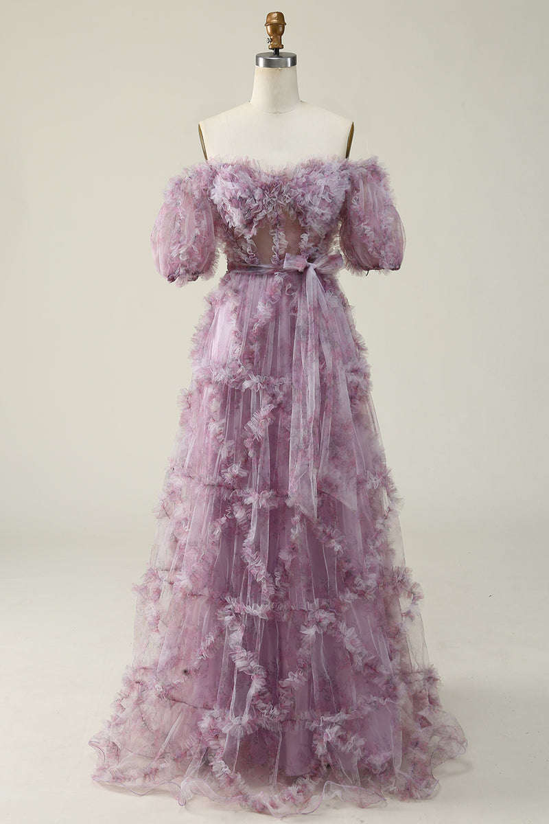 Load image into Gallery viewer, Off The Shoulder Tulle Printed Purple Ball Gown Dress