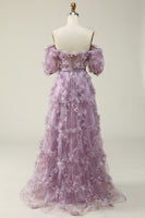 Load image into Gallery viewer, Off The Shoulder Tulle Printed Purple Ball Gown Dress