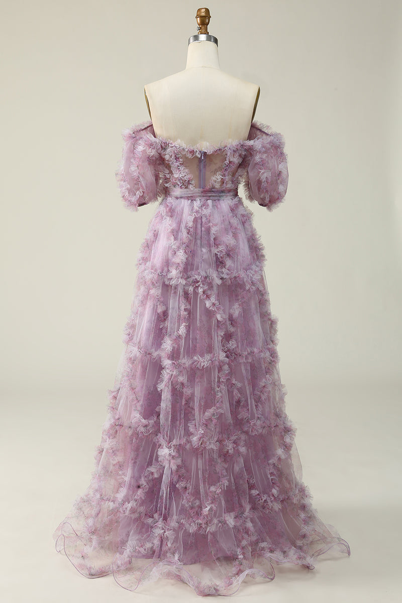 Load image into Gallery viewer, Off The Shoulder Tulle Printed Purple Ball Gown Dress