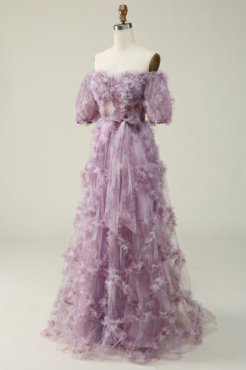 Load image into Gallery viewer, Off The Shoulder Tulle Printed Purple Ball Gown Dress