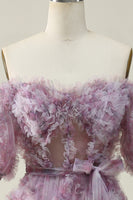 Load image into Gallery viewer, Off The Shoulder Tulle Printed Purple Ball Gown Dress
