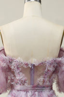 Load image into Gallery viewer, Off The Shoulder Tulle Printed Purple Ball Gown Dress