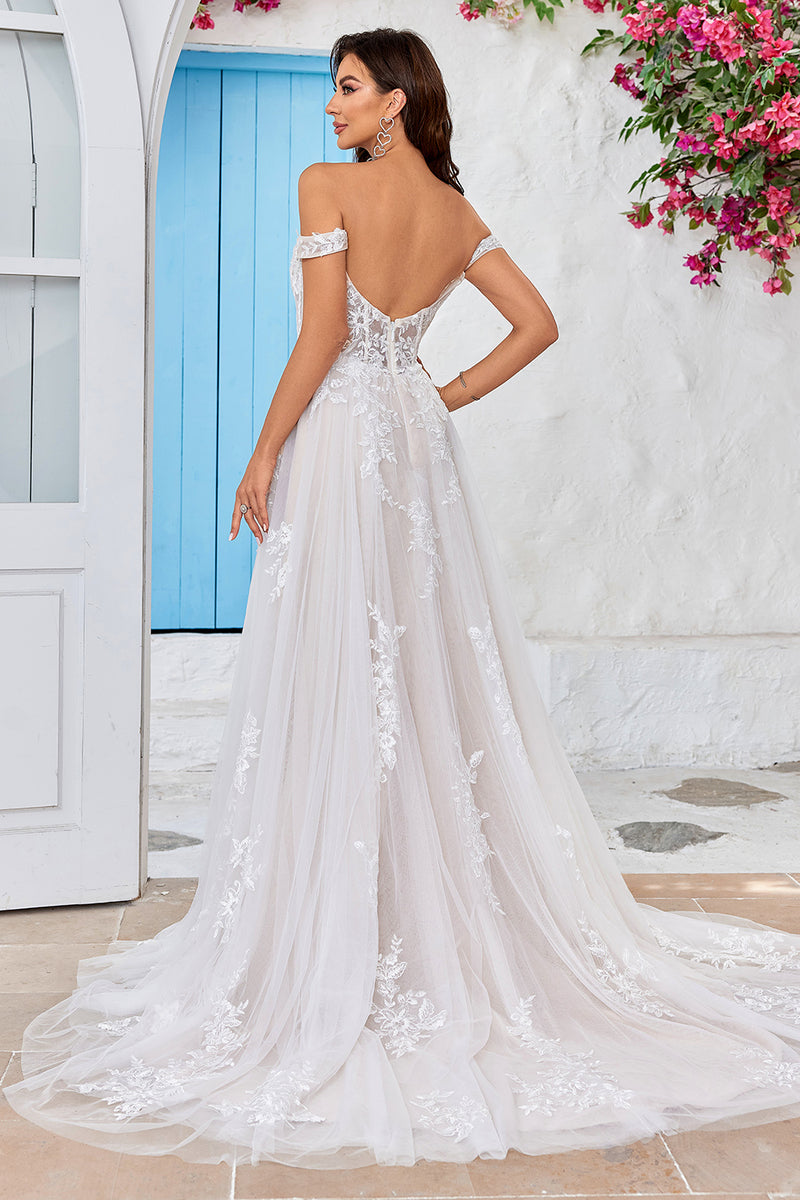 Off the shoulder lace a line wedding dress sale