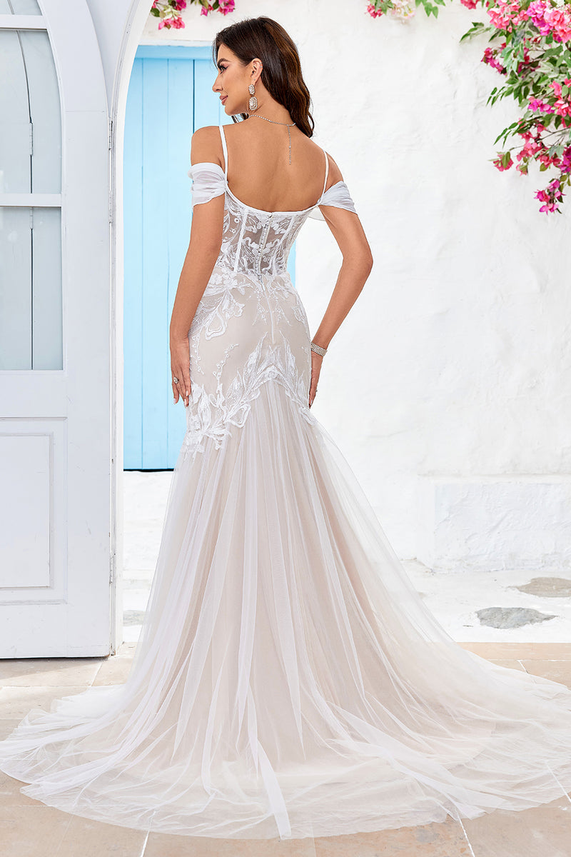Queendancer Women Ivory and Champagne Wedding Dress with Appliques Mermaid Cold Shoulder Bridal Dress queendanceruk Queendancer Women Ivory and Champagne Wedding Dress with Appliques Mermaid Cold Shoulder Bridal Dress queendanceruk