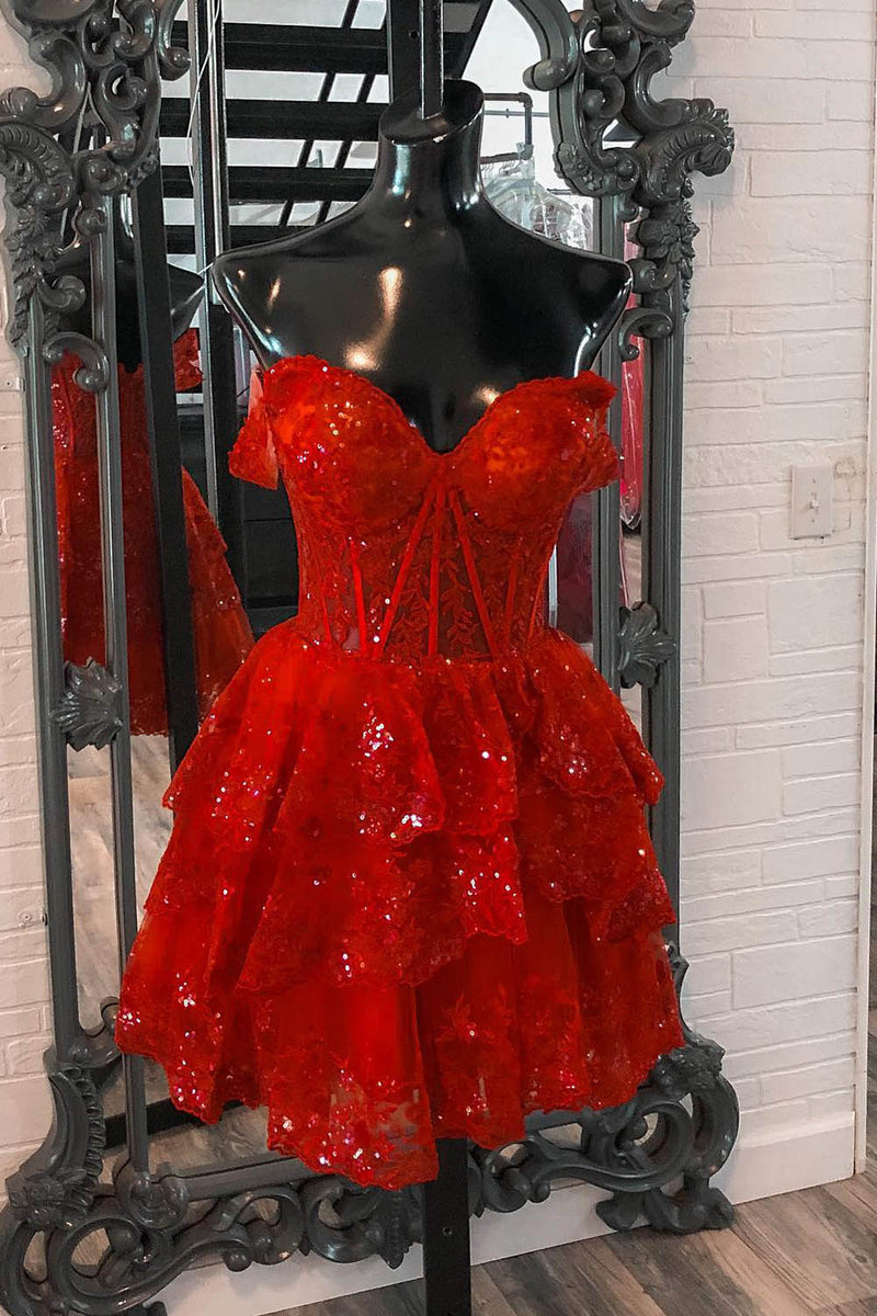 Queendancer Women Sparkly Red A-Line Short Prom Dress Off the Shoulder  Corset Lace Party Dress – queendanceruk