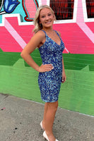 Load image into Gallery viewer, Sparkly Light Blue V-Neck Tight Sequins Short Party Dress
