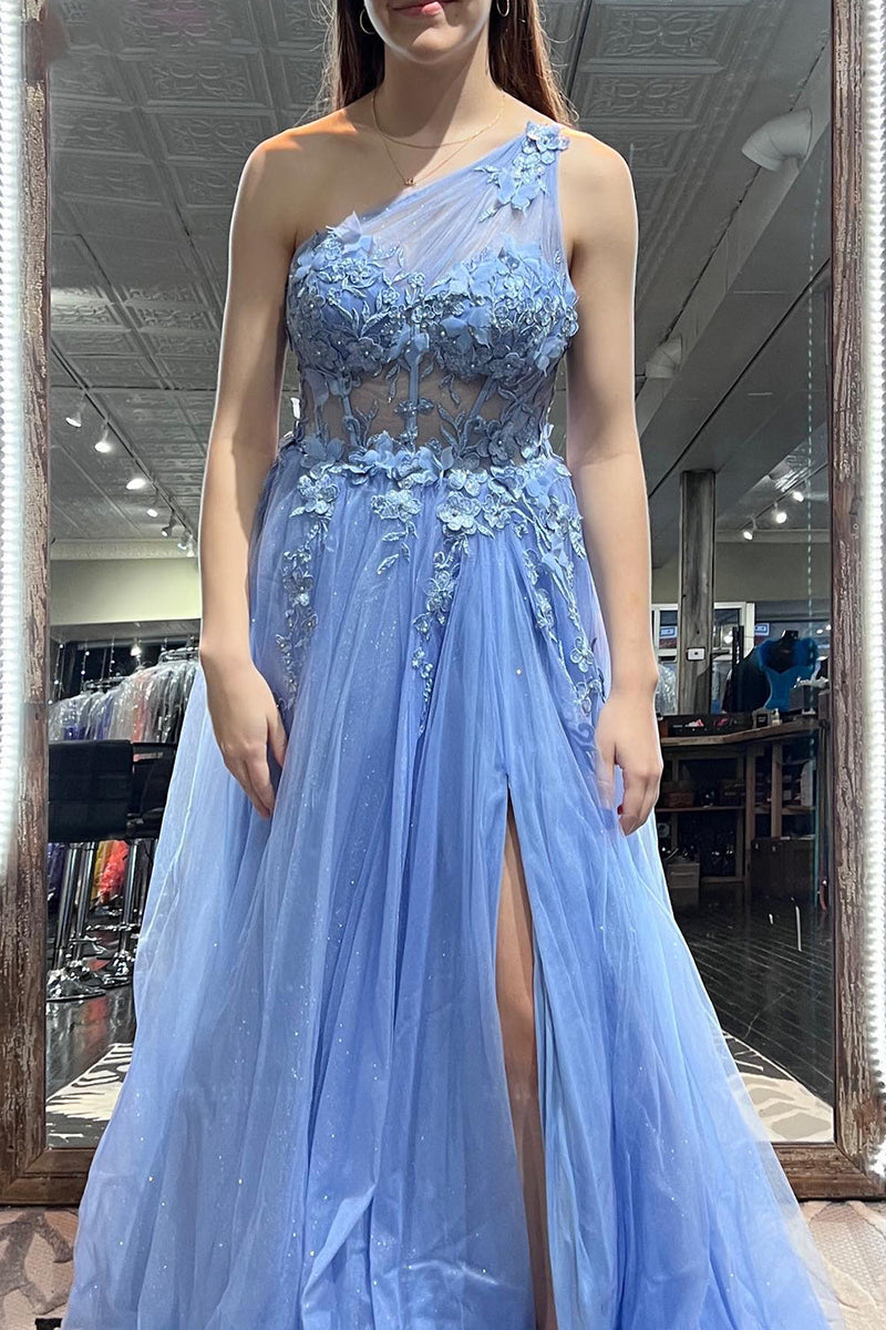 Load image into Gallery viewer, Blue A Line One Shoulder Long Corset Prom Dress With Appliques