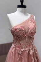 Load image into Gallery viewer, Blue A Line One Shoulder Long Corset Prom Dress With Appliques