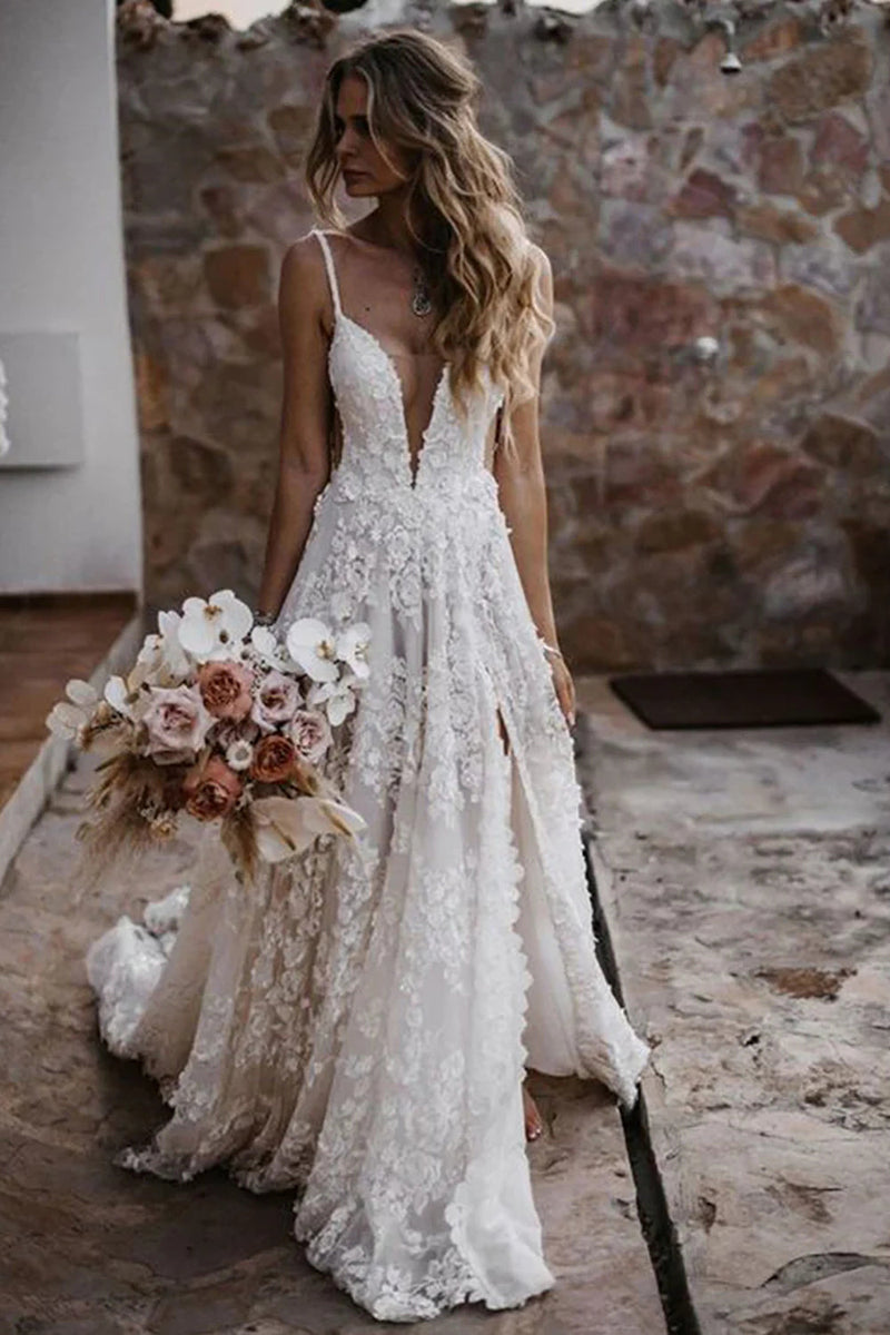 Load image into Gallery viewer, White Boho Lace Deep V-Neck Sweep Train Wedding Dress with Appliques